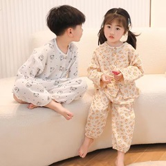 子供用純綿パジャマセット 男の子 女の子向け 漫画柄綿ガーゼ ベビー九分袖 女の子用ルームウェア 子供用