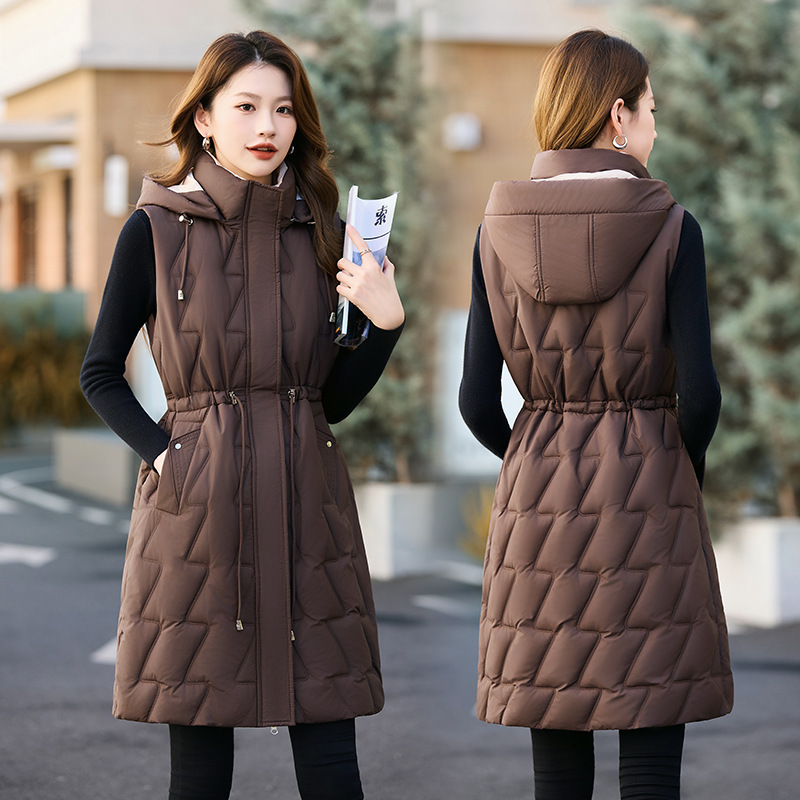 Women's Hooded Mid-Length Korean Style Winter Waist-Cinching down Cotton Vest Jacket