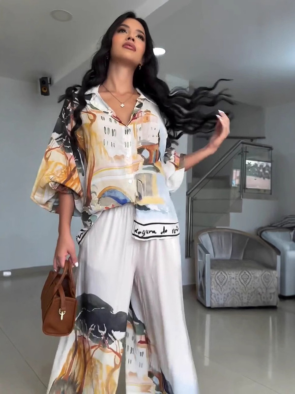 ヨーロッパとアメリカの既製婦人服 2025 新しいポジショニングプリントルーズファッションランタンスリーブシャツワイドレッグパンツ 2 点セット|undefined