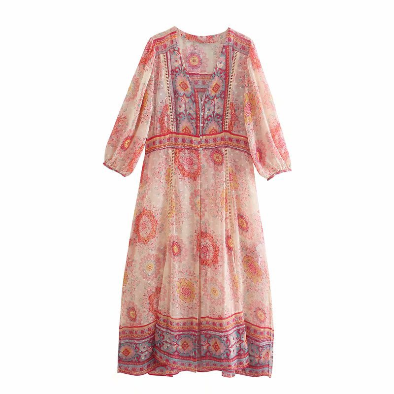 V-neck single breasted print loose holiday long dress NSAM54599