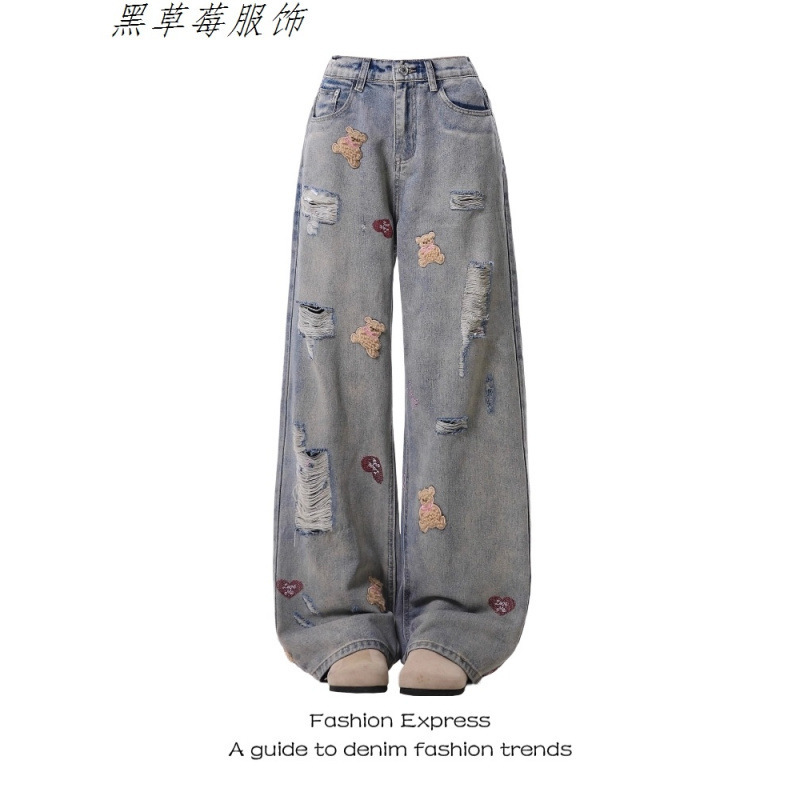 女性用ライトブルーベア刺繍ジーンズ春と秋の新しいアメリカンレトロホットガールリッピングローエッジデザインストレートパンツトレンディ|undefined