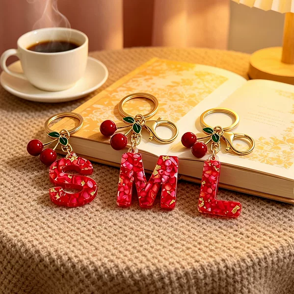 Cross-border resin letter keychain, cute cherry pendant, bag decoration, car key accessory gift