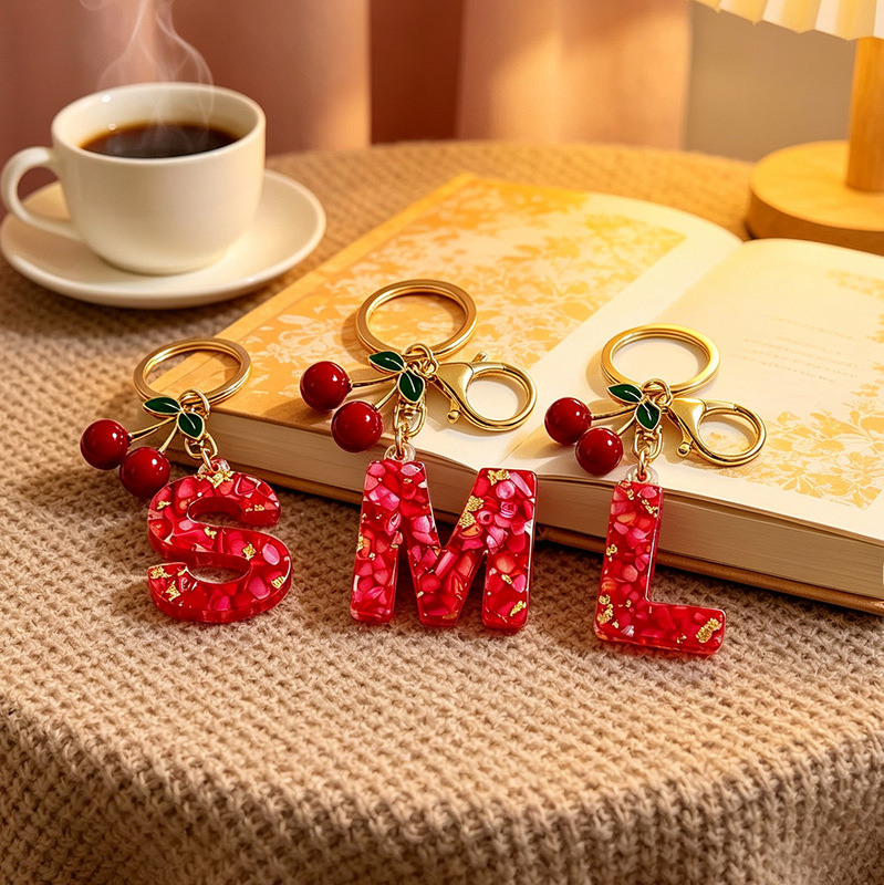 Cross-border resin letter keychain, cute cherry pendant, bag decoration, car key accessory gift Cross-border resin letter keychain, cute cherry pendant, bag decoration, car key accessory gift