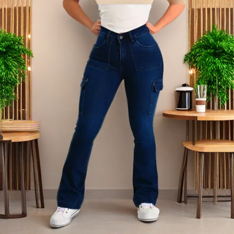 European and American Ripped Jeans for Women, Multi-Pocket Pants, Cross-Border Denim, Amazon Elastic Slimming Micro-Flared Fashion Trousers