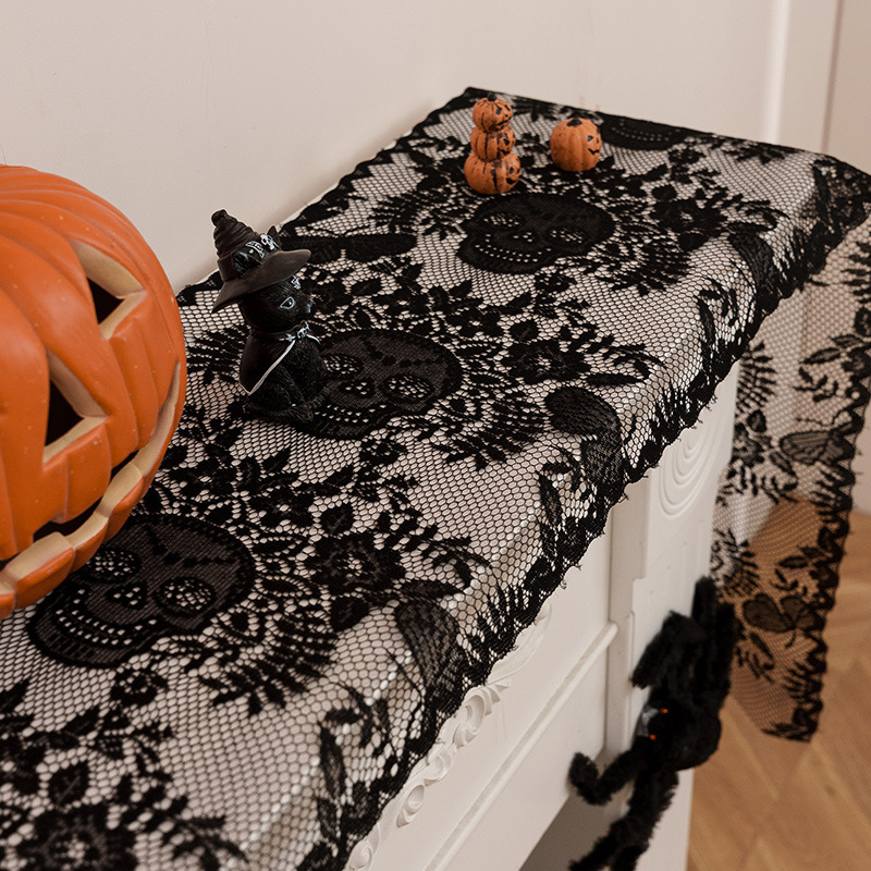 新型の黒いレースの組み合わせハロウィーンのテーブル旗ハロウィーンのスカルのテーブル旗の鬼節の装飾の布は透かしを編みます。|undefined