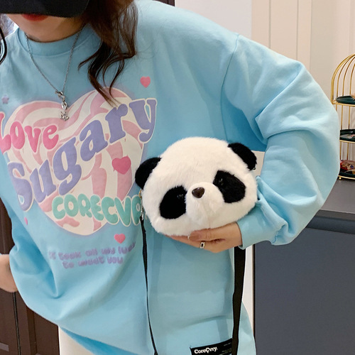 New cartoon 3D panda head bag, cute plush toy shoulder bag for girls, furry coin purse, direct factory sale