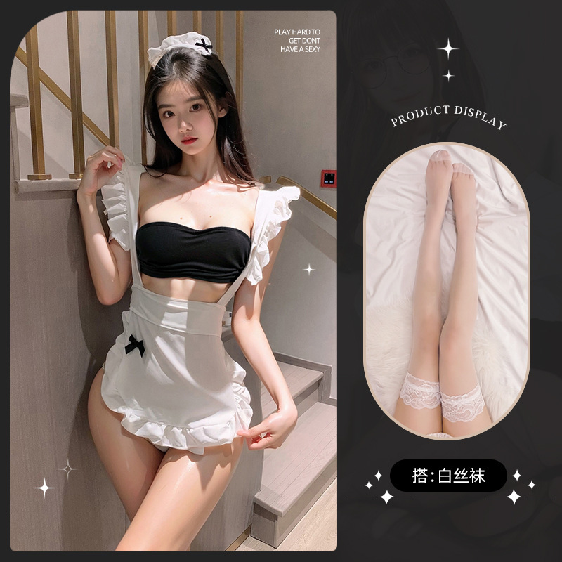 메이드복 [머리띠+긴팔탑+T바지+옷]+흰색 스타킹