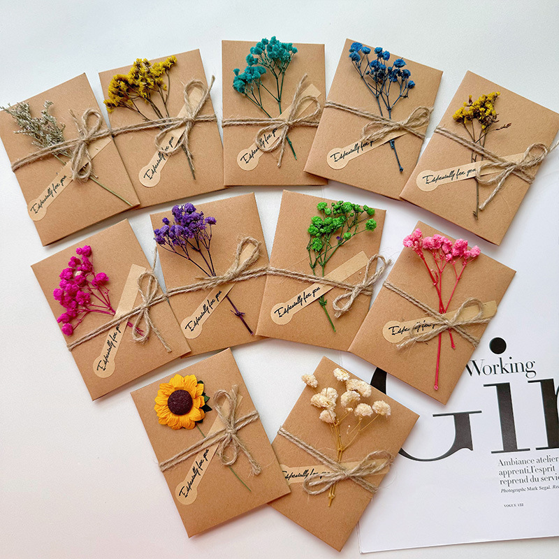 Gipsophila dried flower big small size greeting card handwritten blessing teacher's day sunflower retro kraft paper flower thank-you card