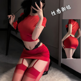 Red Slim-fit Short Shoulder T-shirt Top Sexy Hot Girl suit Women's Summer Hip Half-length Skirt Two-piece Set