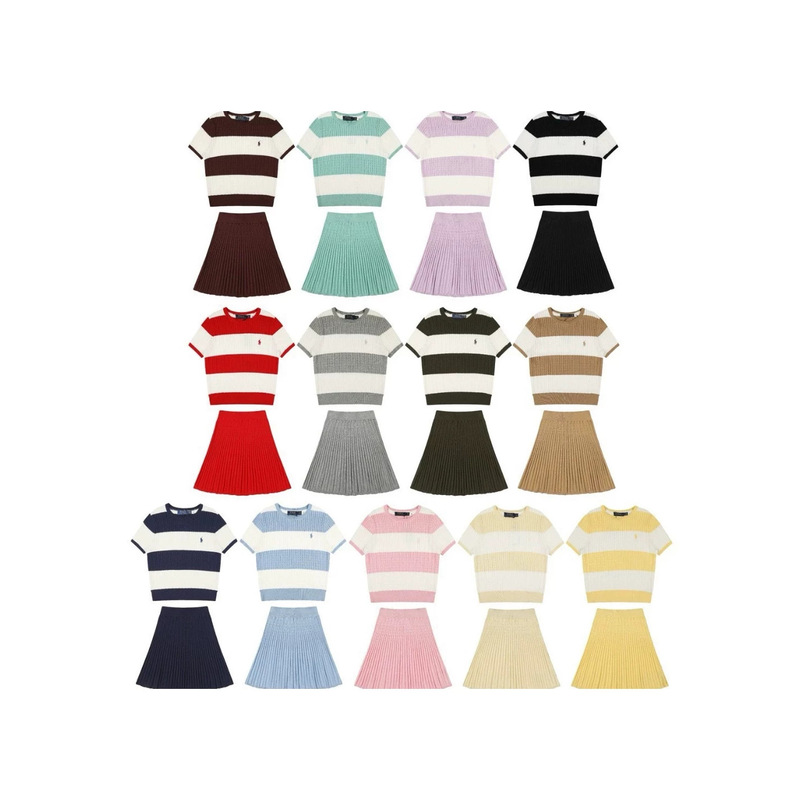 Cross-Border High-Quality Rl Ralph Lauren Small Twist Pattern Color-Blocked Plaid Pony Embroidered Logo Goddess Style Summer Knit Set
