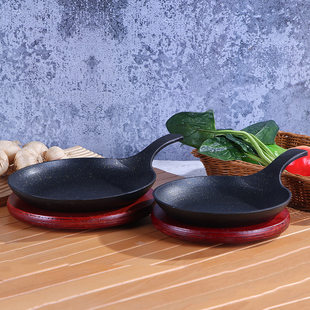 Aluminum alloy non-stick round baking pan single handle pizza plate steak plate frying pan iron plate barbecue meat with oak board commercial
