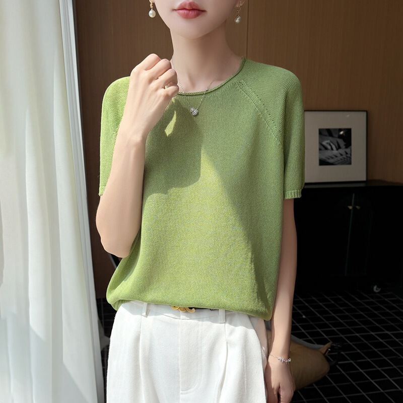 Summer premium ready-to-wear pearl linen short-sleeve knitted shirt with rolled edges, round neck, casual loose-fitting versatile thin top Summer premium ready-to-wear pearl linen short-sleeve knitted shirt with rolled edges, round neck, casual loose-fitting versatile thin top