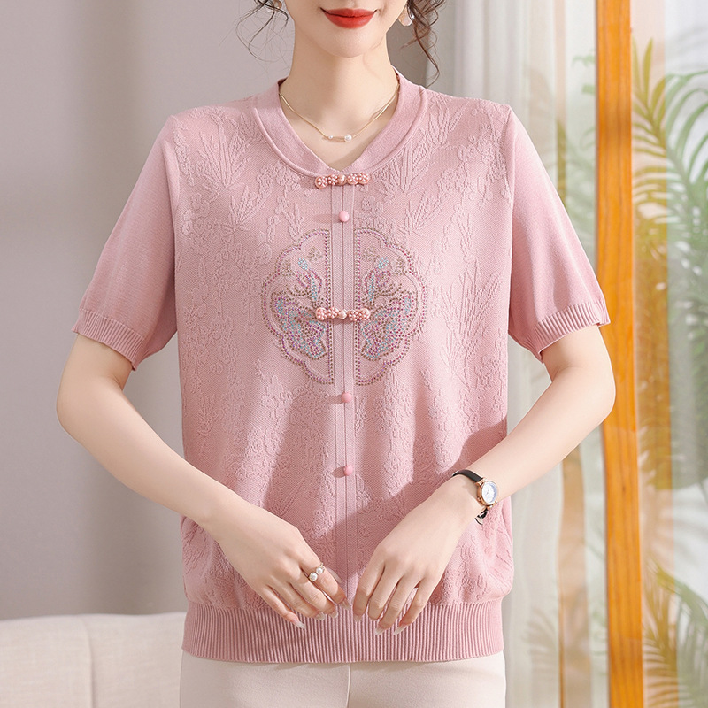 Mother's Day Summer Short-Sleeve Knit Top for Mom 2026 New Style Middle-Aged and Elderly Women's Loose Plus-Size Chinese Style Blouse