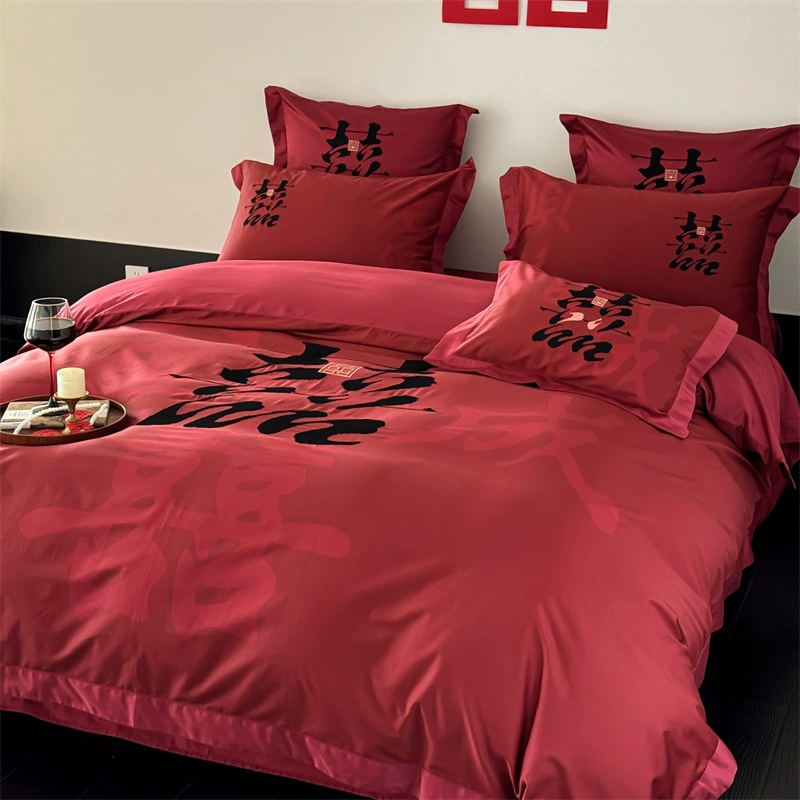 Elite cotton set, red bedspread, 4 piece set, with embroidery