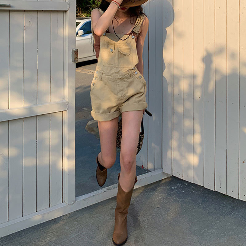 Denim Strap Shorts Women's Thin American-style High Waist Loose Casual Curled Straight-leg Wide-leg Workwear Hot Pants