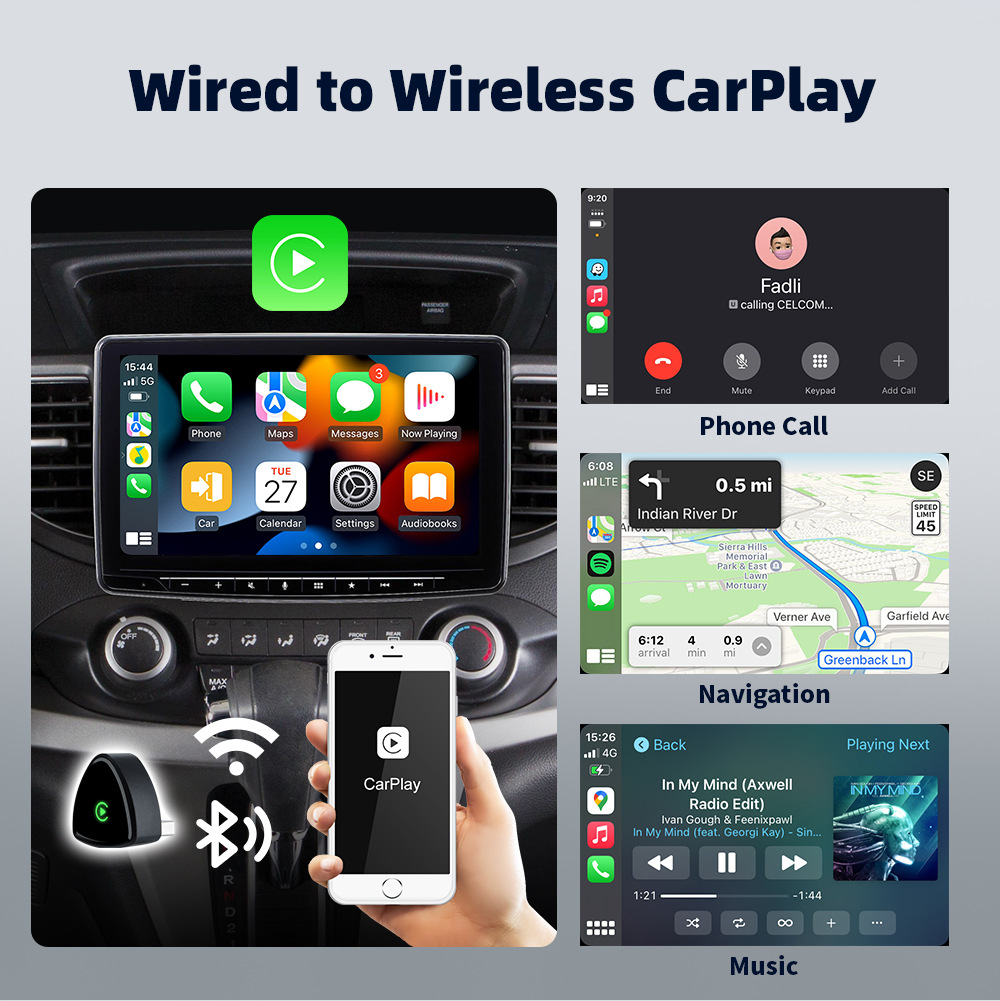 2-in-1 wireless CarPlay adapter for quick connection to the original wired car system, enabling smart connectivity in your vehicle