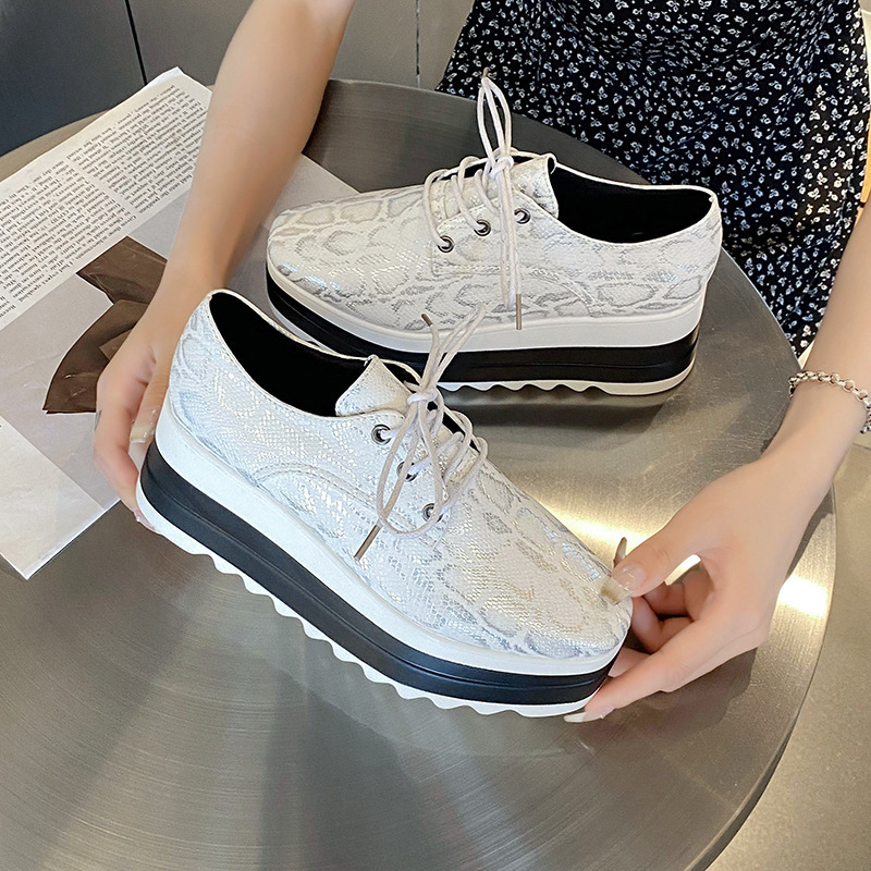 Foreign Trade British Style Spring and Autumn Baby-Style Thick-Soled Star-Patterned Platform Square-Toe Wedge Waterproof Striped Lace-Up Women's Shoes