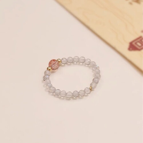 Thin natural Sri Lankan gray moonstone ring for women, peach blossom and strawberry crystal, simple index finger ring, light luxury and fashionable