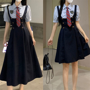 College Style Jk Uniform Waist Slimming Look Short-Sleeved Shirt Suspender Dress Two-Piece Suit Women's Summer Pure Lust Skirt