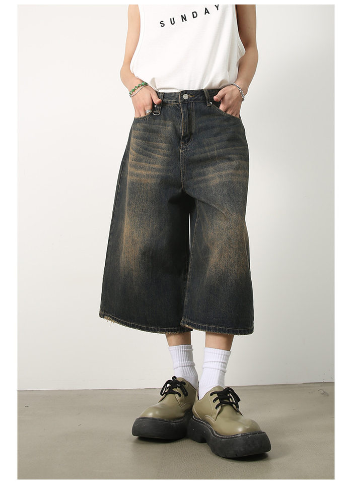 Quần short denim nữ ống rộng lửng kiểu Mỹ — Màu trắng, Màu xanh denim thô, Màu đen thô, Ngụy trang màu mơ chi tiết 9