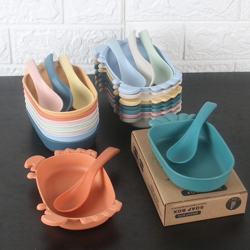 Plato Infantil con Cuchara de Paja de Trigo Resistente a Caídas para Niños y Estudiantes
