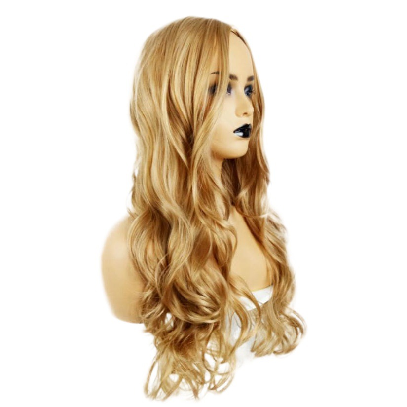 Fábrica al por mayor Peluca de fibra química europea y americana al por mayor de las mujeres de pelo largo rizado medio teñido mate alta temperatura seda en stock