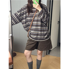 彩色条纹长袖oversize针织T恤女秋季复古慵懒风宽松内搭圆领上衣