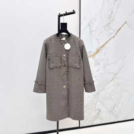 深圳南油25秋冬款复古气质流苏镶边圆领格纹宽松长款毛呢大衣外套