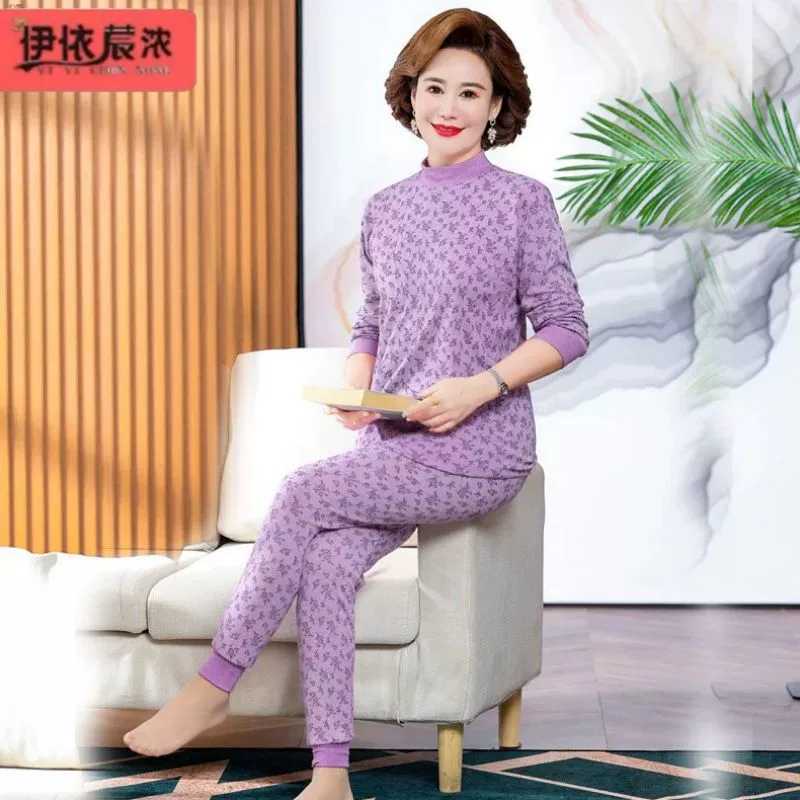 Осенние брюки из чесаного хлопка для женщин среднего возраста, костюм для женщин, 50 лет, 60 лет, термобелье с полу-высоким воротником для мамы