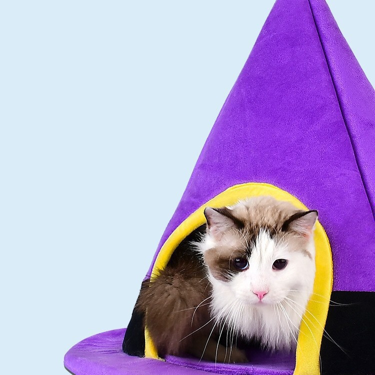 魔女の帽子型猫ハウス 冬暖かい ハロウィン対応 取り外し可能 洗える 丸型 全閉型 猫用寝床 クリエイティブペット猫ハウス|undefined