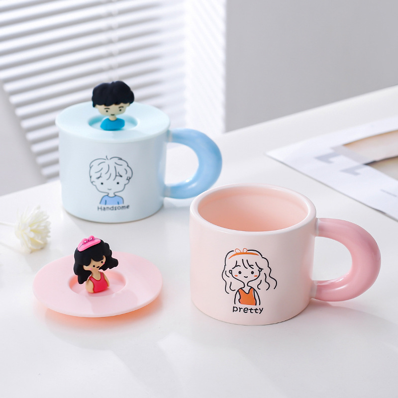 Estilo coreano lindo personaje de dibujos animados taza Rosa niña corazón Taza de cerámica taza de agua con tapa taza de café taza de pareja taza