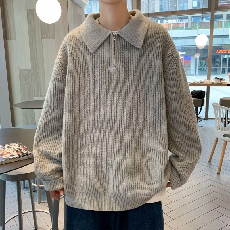 Semia cremallera suéter de polo masculino primavera japonés relajado retro alta sensación de tendencia suelta camiseta de punto