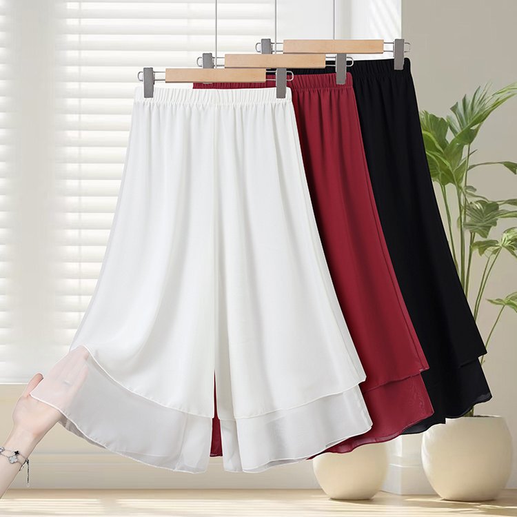 Elegant double-layer chiffon cropped culottes, solid color, elastic waist, drapey, breathable, wide hem, loose fit, flattering, versatile casual pants
