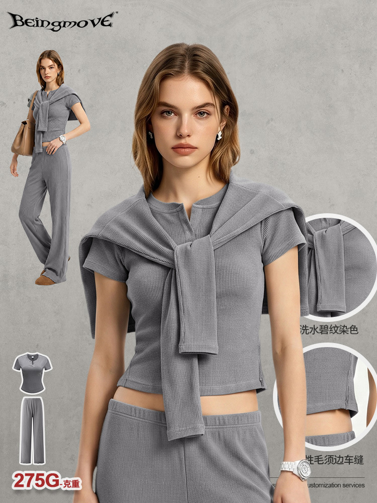 Calle seca otoño europeo y americano delgado cuello en V camiseta de manga corta recta colgante pantalones largos de piernas largas marca de moda traje casual para mujeres