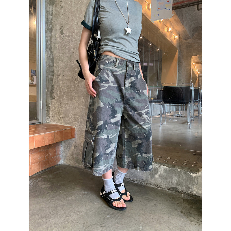 Yuyi American-Style Workwear Camouflage Low-Waist Cropped Jeans for Women, Summer Multi-Pocket Loose Slimming Mid-Length Pants Cxjf31
