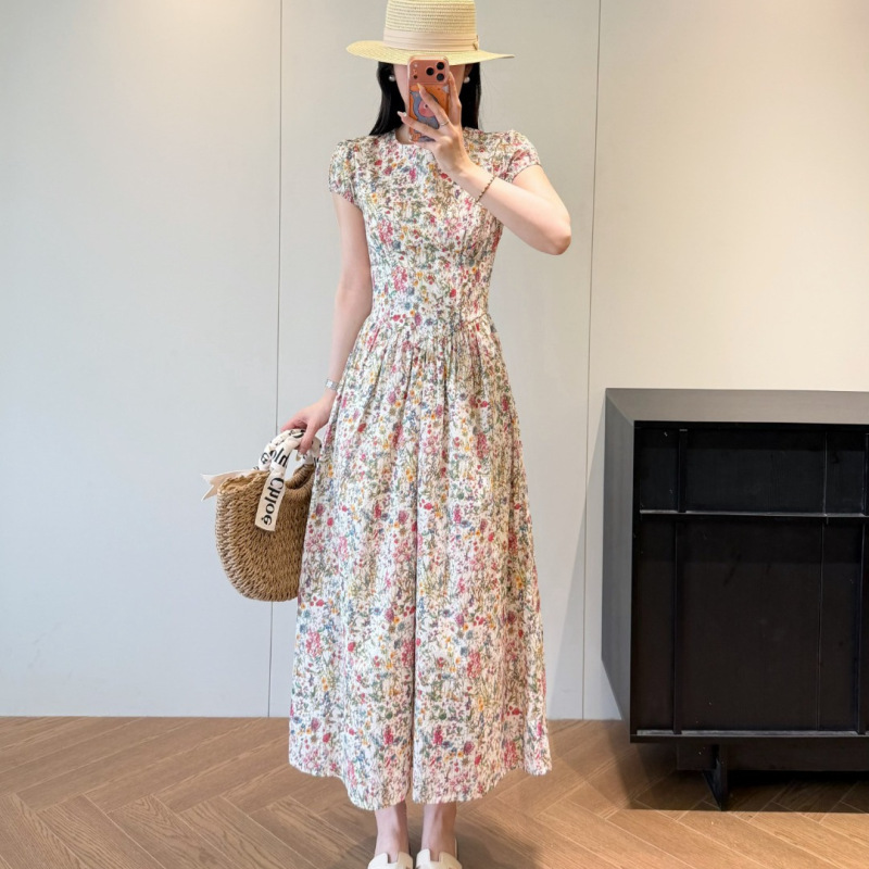 French Retro Resort Style Round Neck Puff Sleeve Long Dress + Short Dress 0528E05