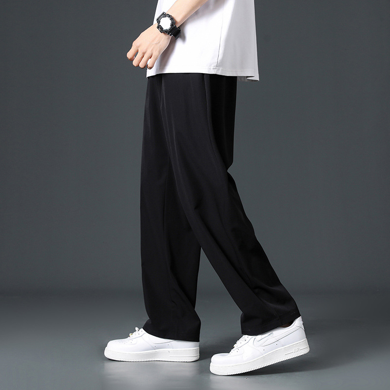 冰絲褲子男夏季薄款寬鬆潮牌運動闊腿衛褲垂感直筒褲黑色休閒長褲
