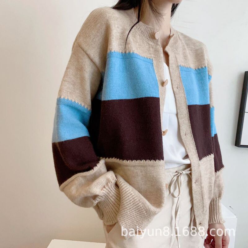 Autumn and Winter Sweater for Women, Korean Style, Dongdaemun New Style, Knitted Plus-Size Cardigan, Color-Blocked Casual Thick Top Jacket
