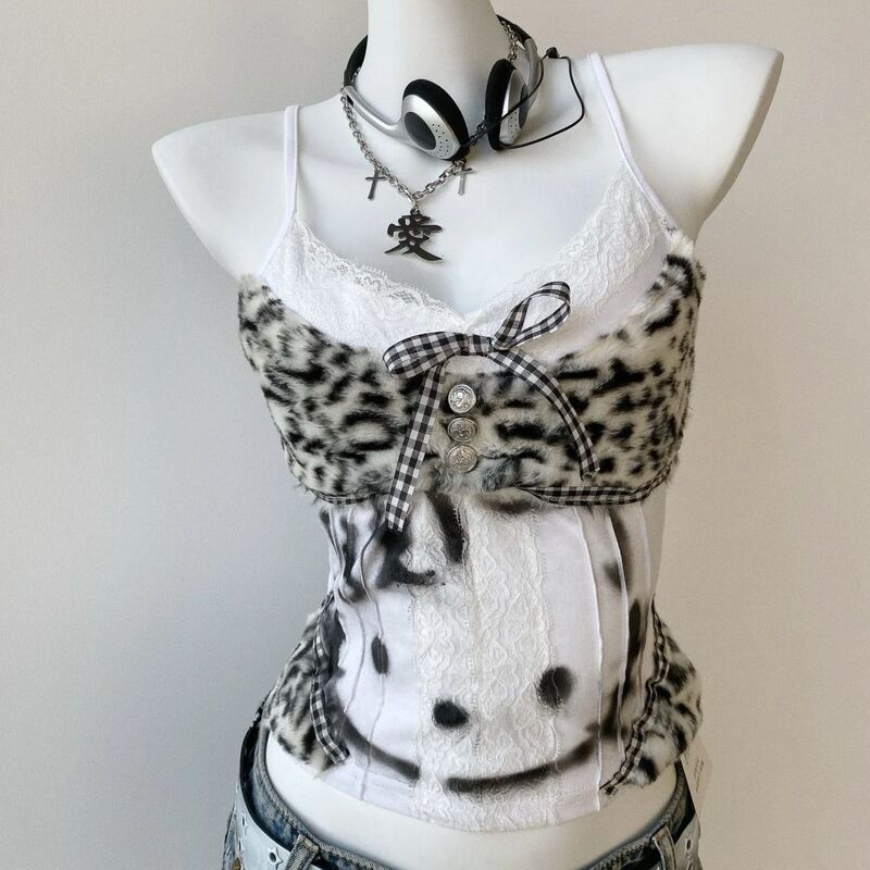 Vintage Y2K Spice Girl Shibuya Camisole American Style Kitten Print Stitching Leopard Print Lace Slim Top Trend