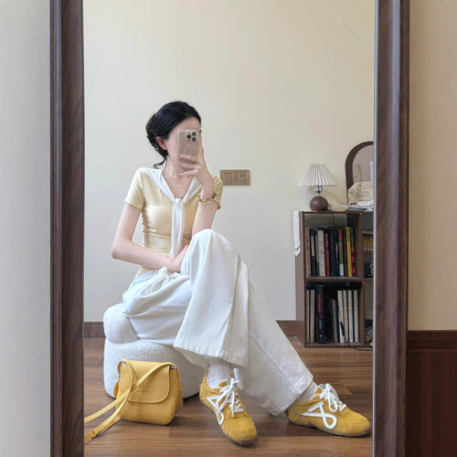 Pure Desire Gentle Yellow Two-Piece Straps Short-Sleeve T-Shirt for Women - Summer New Arrival - Straight Shoulder Slim Fit Slimming Short-Sleeve Top