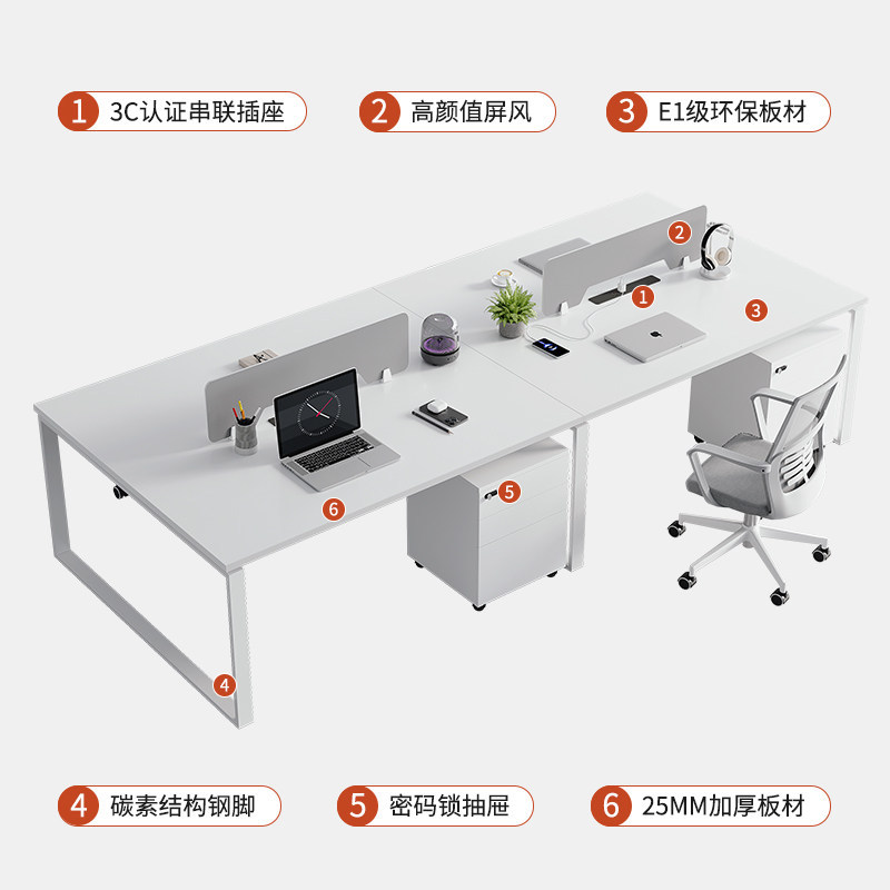 Mesa de cuatro personas de acero blanco puro con gabinete móvil estación de pantalla simple combinación de mesa y silla al por mayor