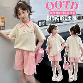 女童韩版夏装休闲套装儿童2024新款洋气卡通polo领上衣短裤两件套