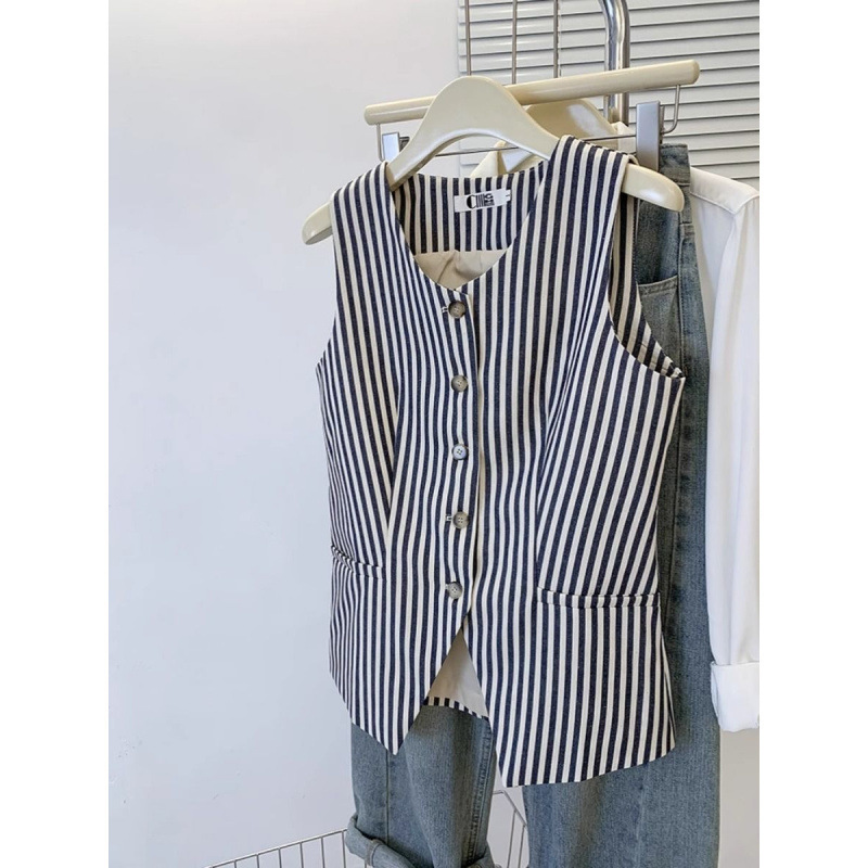 Retro Style Casual Round Neck Stripesd Waistcoat Vest for Women Summer Elegant High-End Outer Wear Thin Sleeveless Vest
