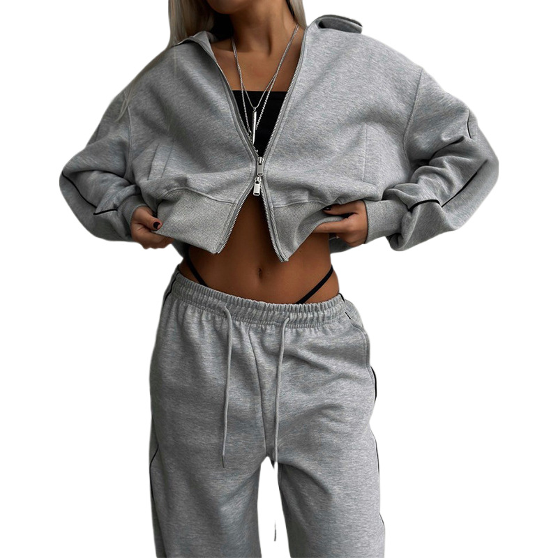 Cross-Border Casual Fashion European And American Style Women's Zipper Cardigan Jacket Sports Drawstring Pants_ecoleips.com