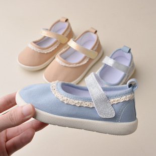 Four Seasons Ready-Made New Girls' Square-Toe Shoes, Fashionable Velcro Soft-Soled Lace-Up Baby Girl's Flat Shoes