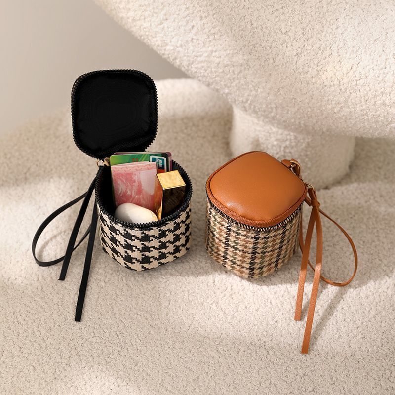 Houndstooth Soft Leather Clutch Bag Mini Exquisite Zipper Coin Purse Bucket Lipstick Bag Cosmetic Bag Small Hand Bag