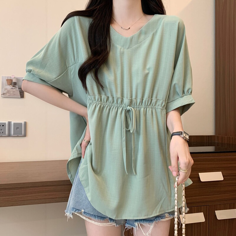Mint Green Collar New Short-Sleeved Shirt for Women, Summer Plus-Size New Arrival, Waist-Cinching, Slimming, Loose-Fitting, Tummy-Covering, Stylish Top