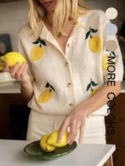 款Women's Lemon Embroidery Sweater Cardigan Casual Short