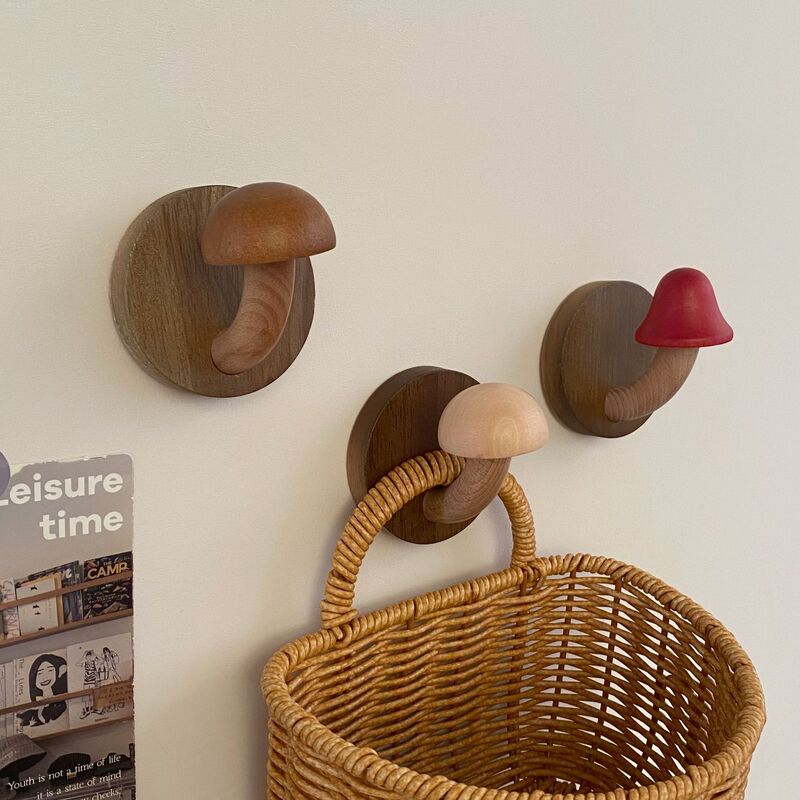 Cute Mushroom Solid Wood Hooks, No-Drill Adhesive Hooks, High-Value Creative Wall Coat Hooks, Door Back Entryway Coat Hooks