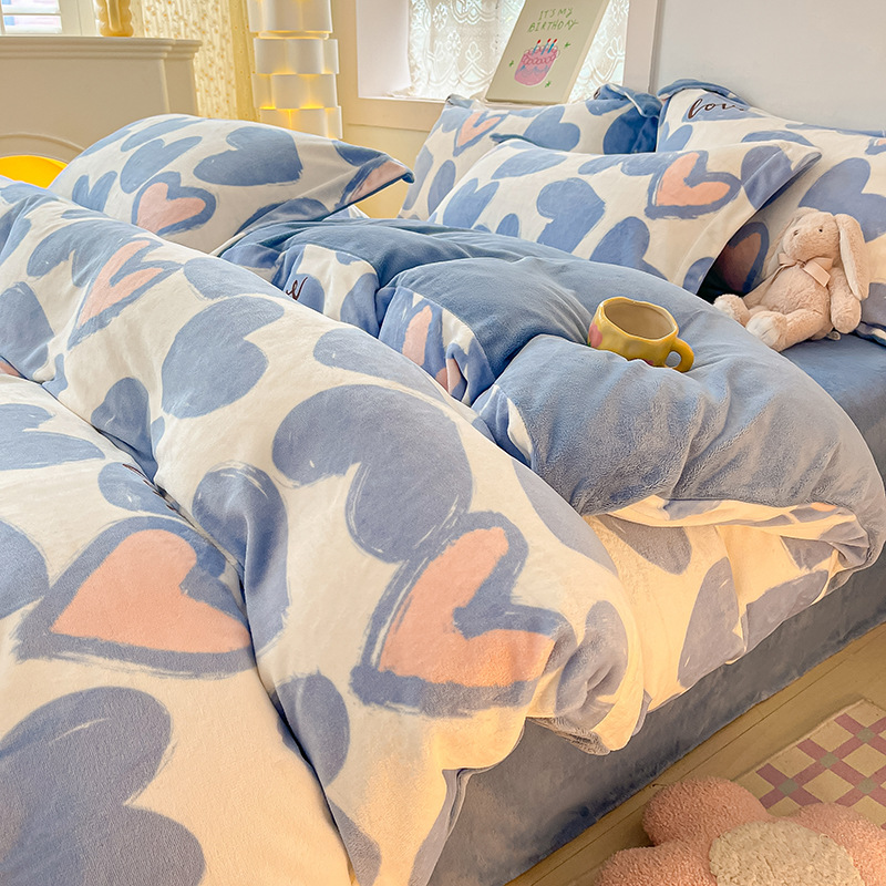 Invierno de coral cubierta de edredón de una sola pieza de invierno de peluche de doble cara de peluche de leche de cuatro piezas de cubierta de edredón de una sola persona engrosada
